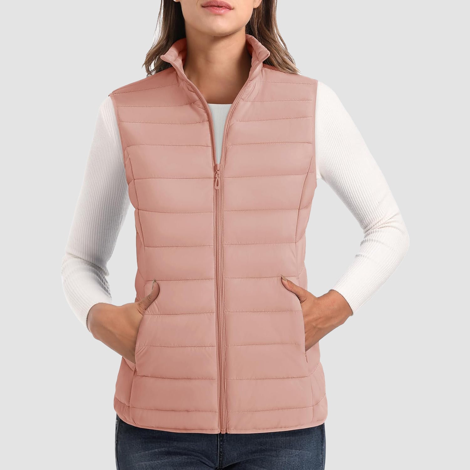 Women's Lightweight Puffer Vest with 4 Pockets & Stand Collar