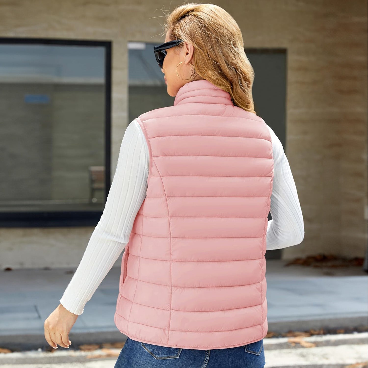 Women's Lightweight Puffer Vest with 4 Pockets & Stand Collar