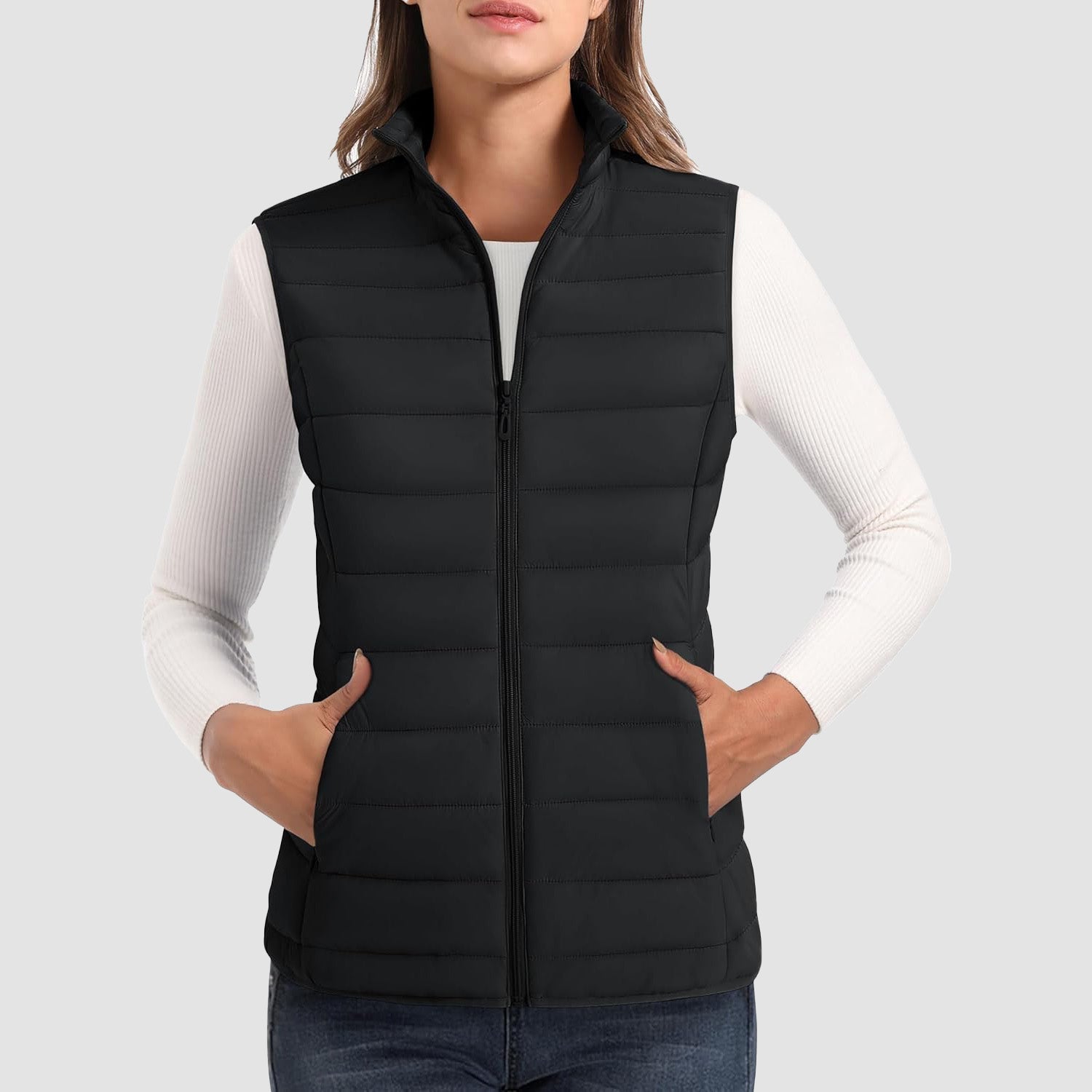 Women's Lightweight Puffer Vest with 4 Pockets & Stand Collar