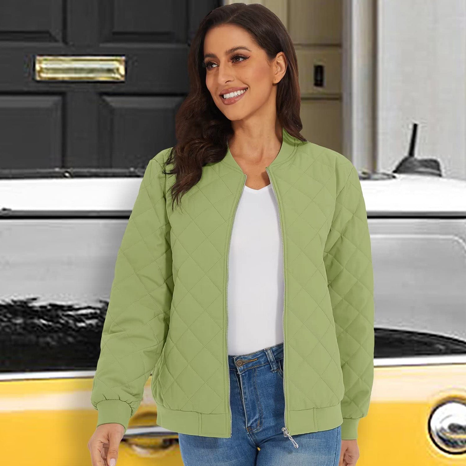 Women's Quilted Bomber Jacket with 2 Zip Pockets