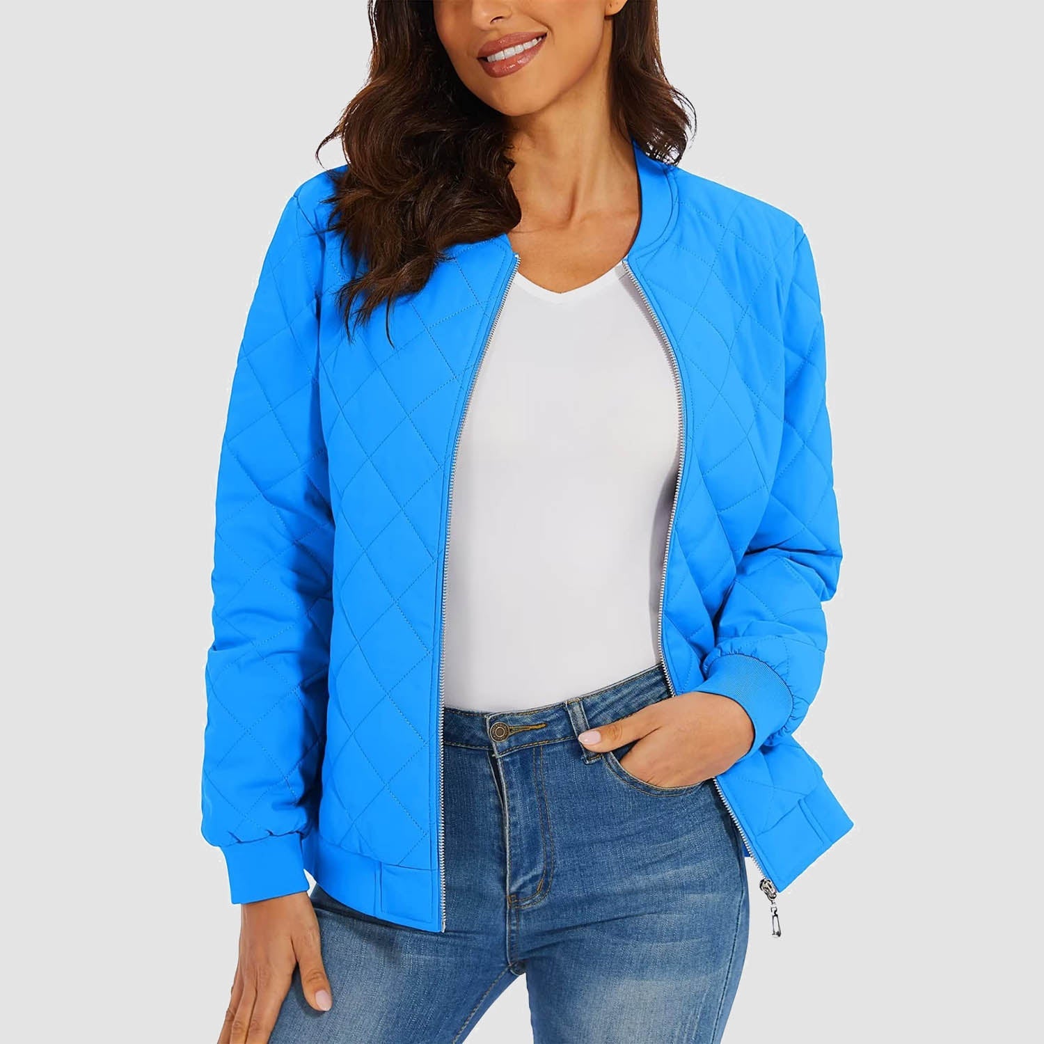 Women's Quilted Bomber Jacket with 2 Zip Pockets