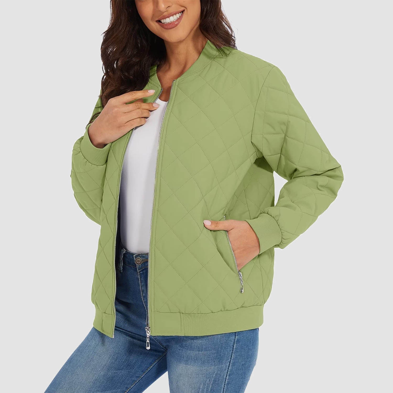 Women's Quilted Bomber Jacket with 2 Zip Pockets