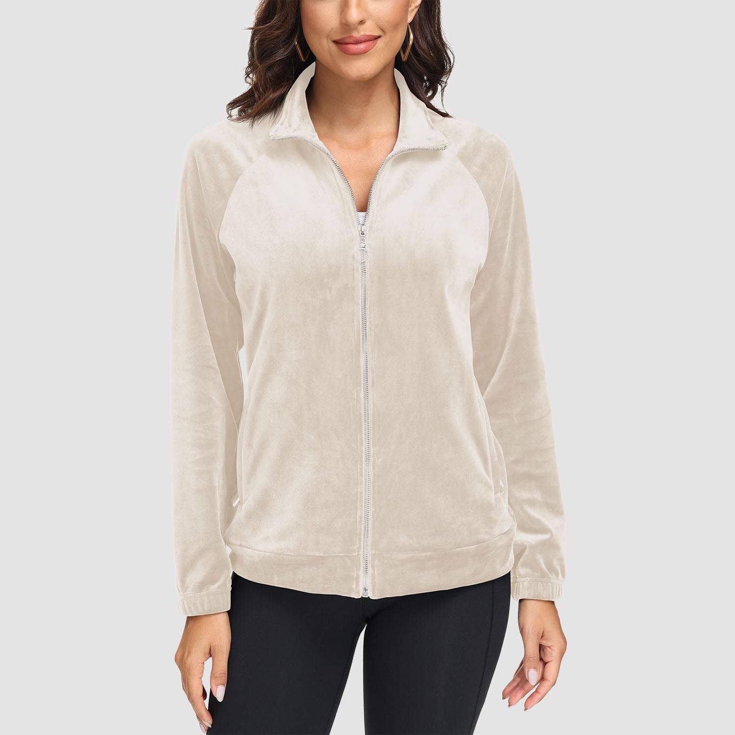 Women's Velour Fleece Jacket - Full Zip & Zipper Pockets