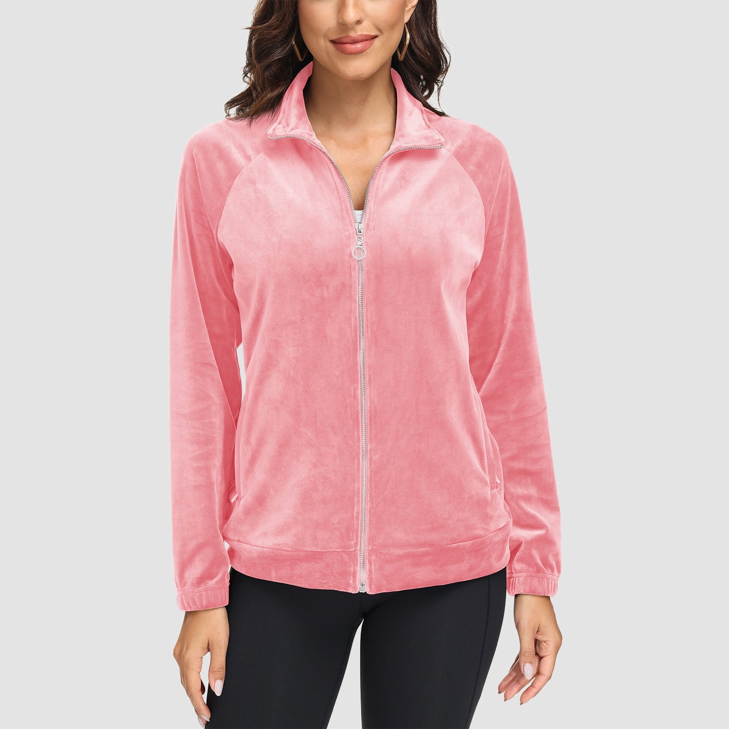 Women's Velour Fleece Jacket - Full Zip & Zipper Pockets