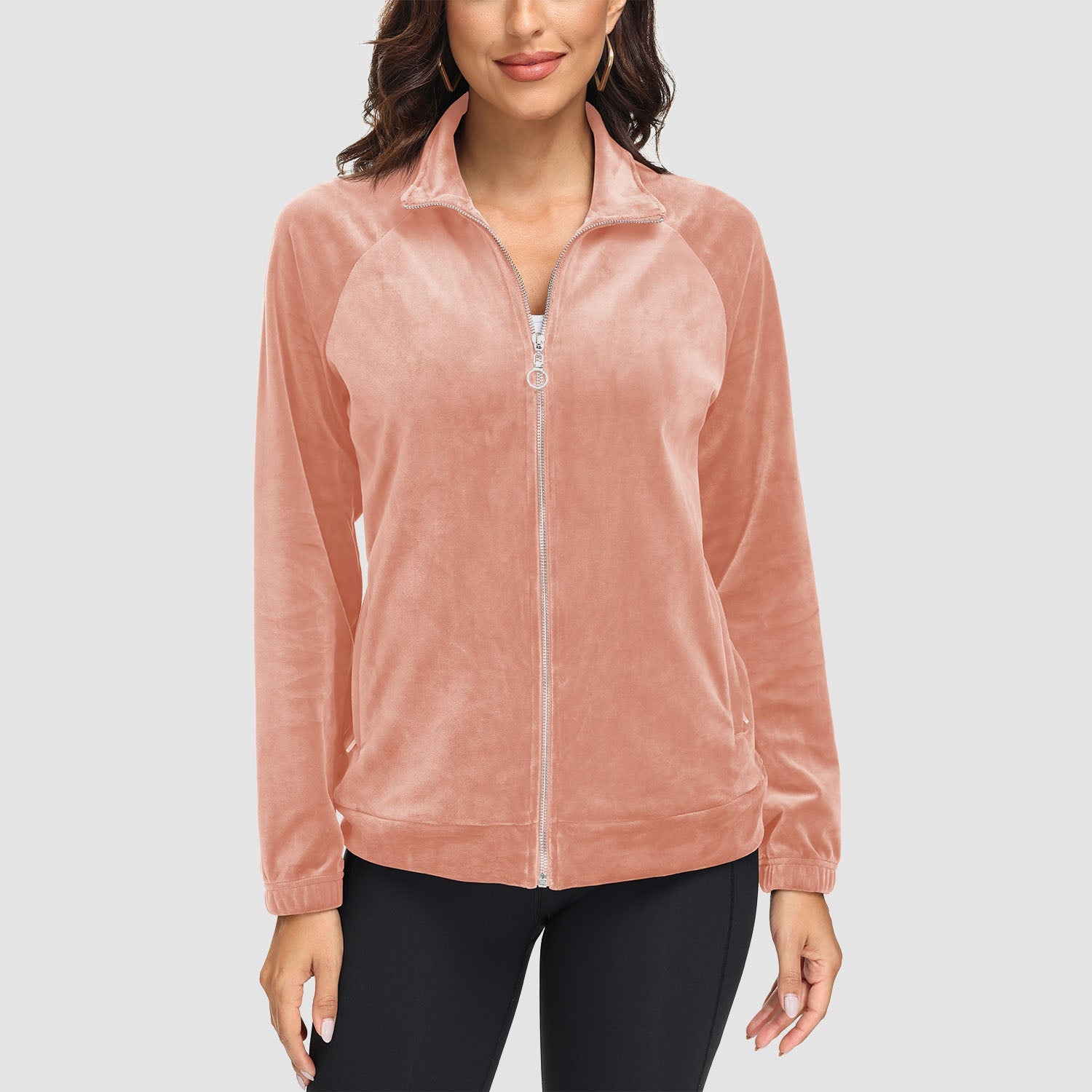 Women's Velour Fleece Jacket - Full Zip & Zipper Pockets