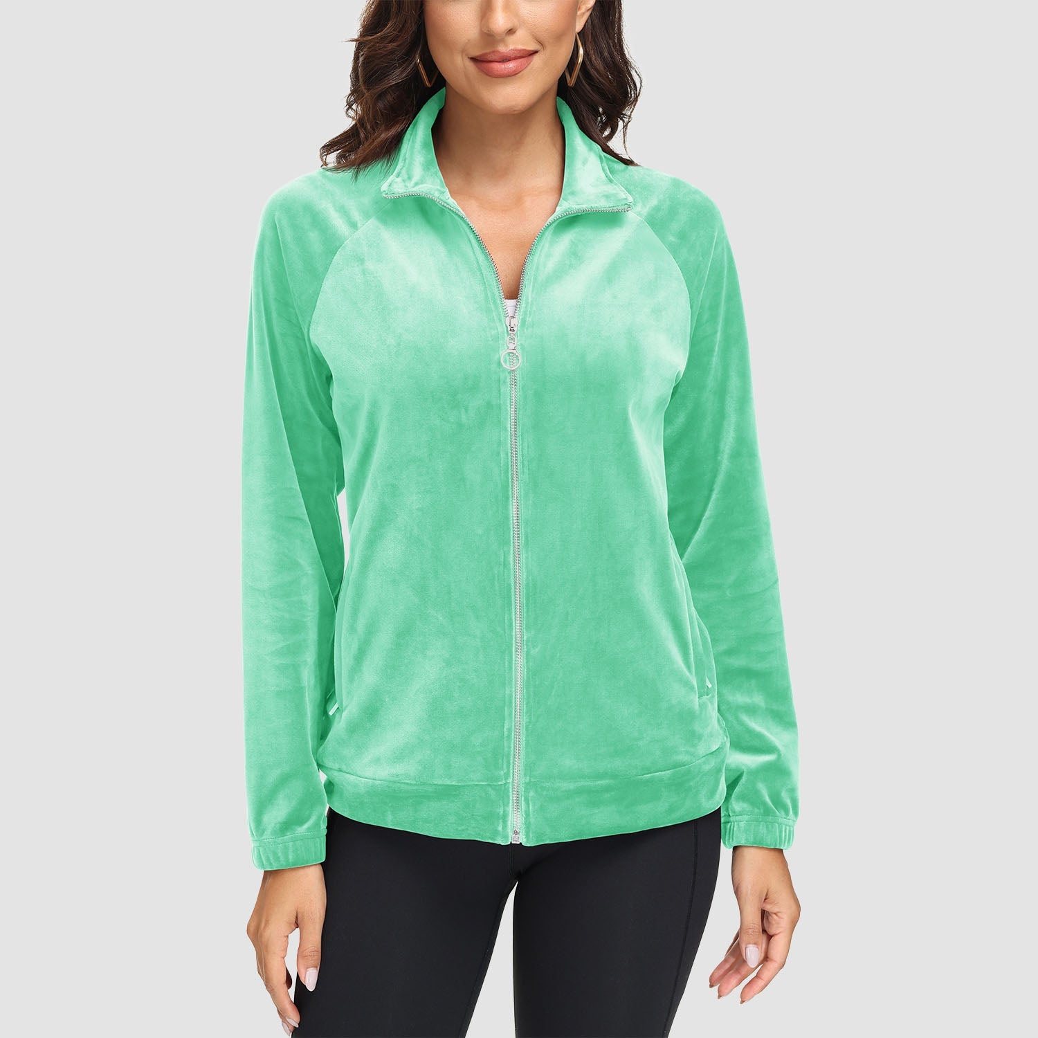 Women's Velour Fleece Jacket - Full Zip & Zipper Pockets
