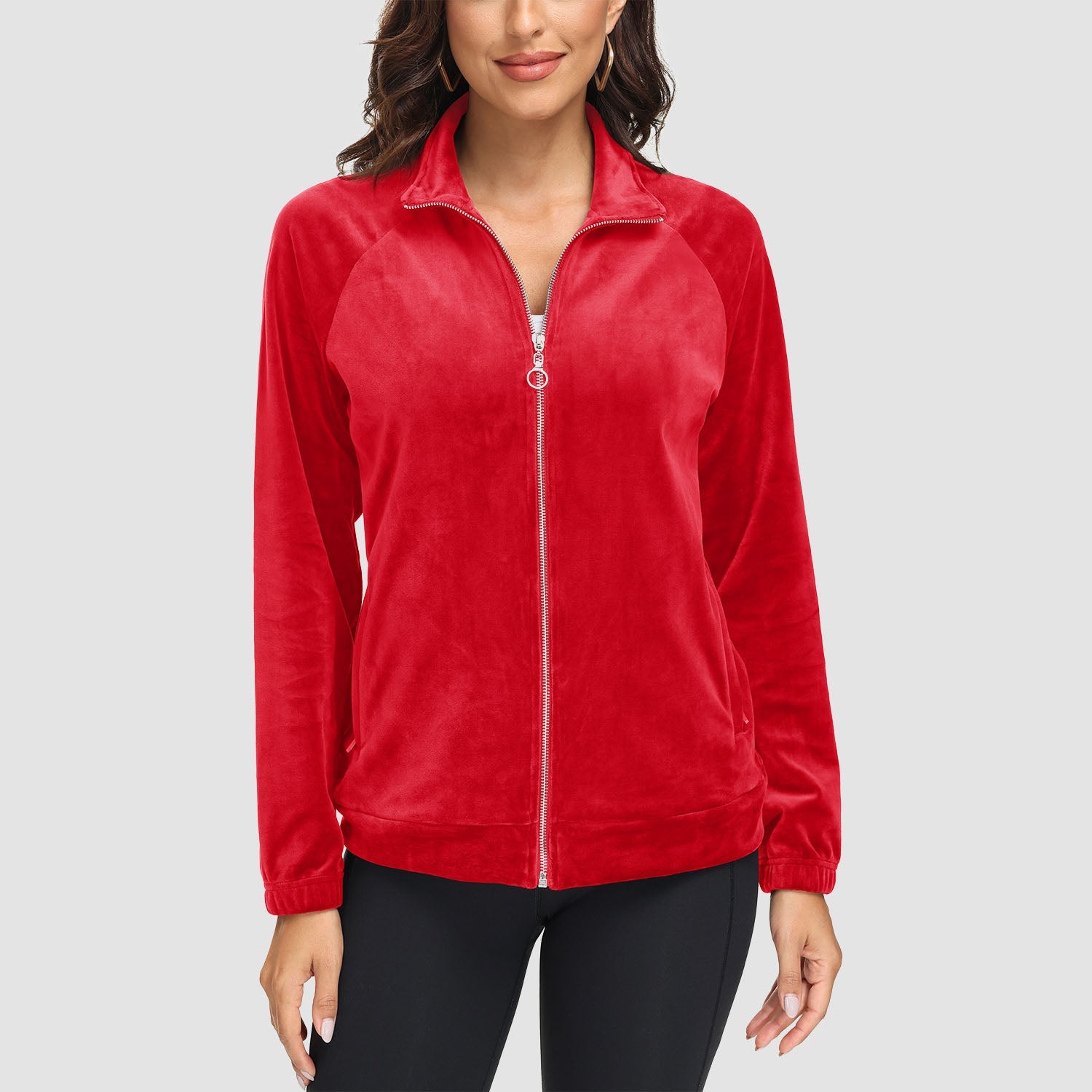 Women's Velour Fleece Jacket - Full Zip & Zipper Pockets