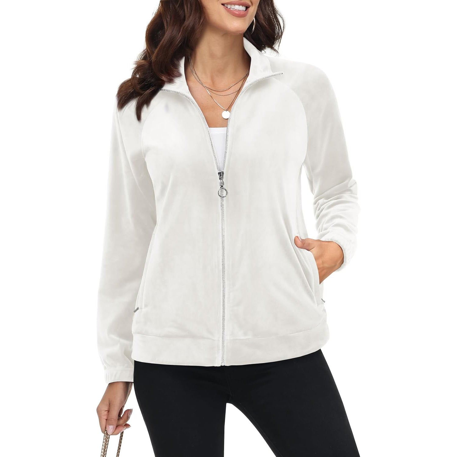 Women's Velour Fleece Jacket - Full Zip & Zipper Pockets