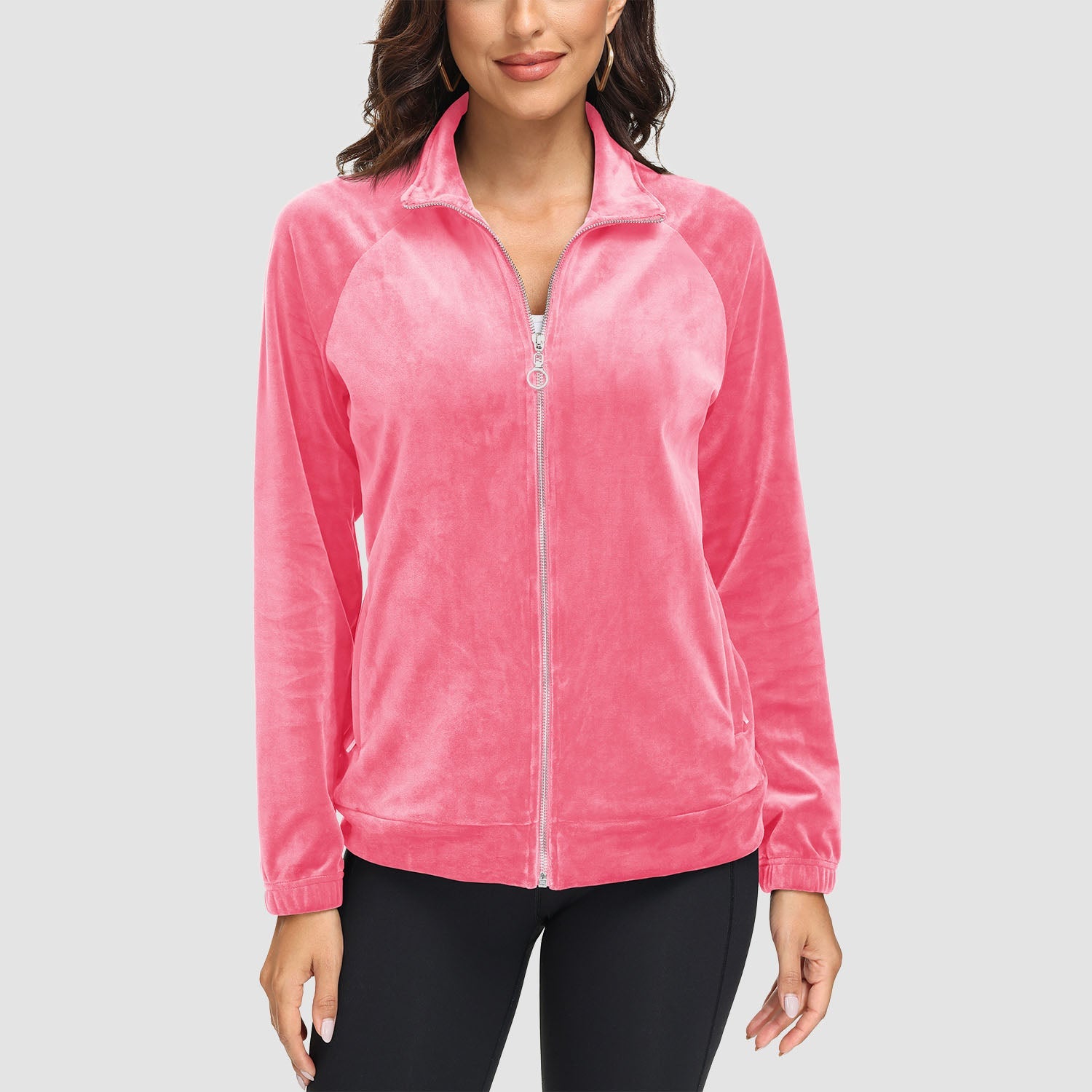 Women's Velour Fleece Jacket - Full Zip & Zipper Pockets