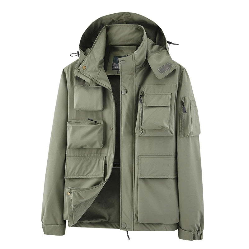 IPPOLICH Detachable Windproof Sleeved Hooded Jacket Outdoor Camouflage Multi-Pocket Military Jackets Spring Autumn Men Work Coat