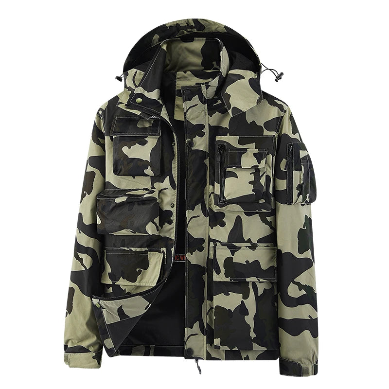 IPPOLICH Detachable Windproof Sleeved Hooded Jacket Outdoor Camouflage Multi-Pocket Military Jackets Spring Autumn Men Work Coat
