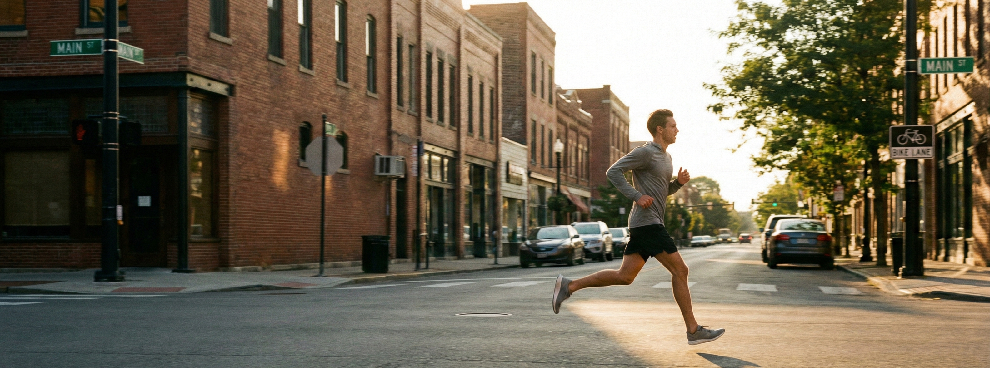 Man running on a city street with brick buildings and trees lining the road.