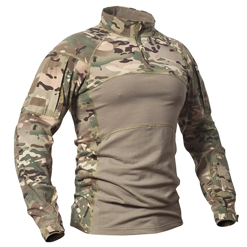 Men's Camouflage Tactical Combat Shirt Stretch Cotton 1/4 Zipper Uniform Shirts Long Sleeve Camo T Shirt