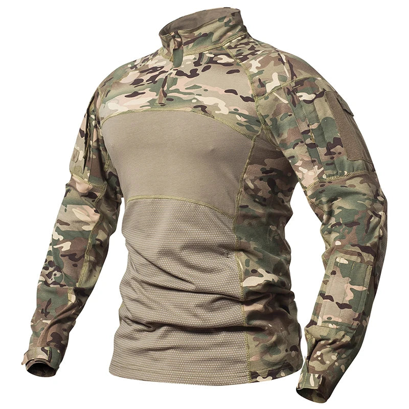 Men's Camouflage Tactical Combat Shirt Stretch Cotton 1/4 Zipper Uniform Shirts Long Sleeve Camo T Shirt