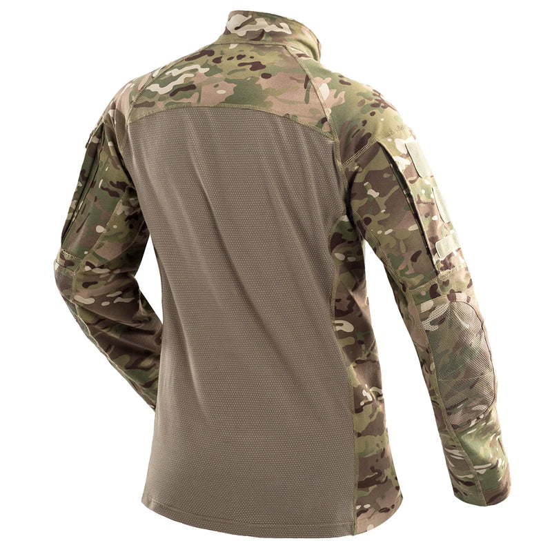 Men's Camouflage Tactical Combat Shirt Stretch Cotton 1/4 Zipper Uniform Shirts Long Sleeve Camo T Shirt