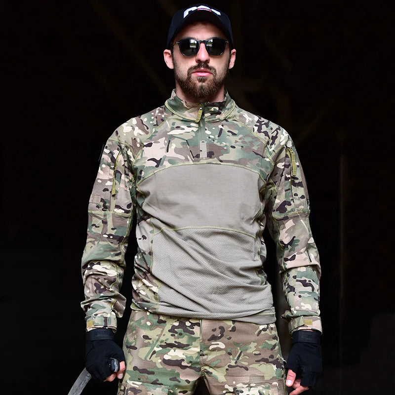 Men's Camouflage Tactical Combat Shirt Stretch Cotton 1/4 Zipper Uniform Shirts Long Sleeve Camo T Shirt