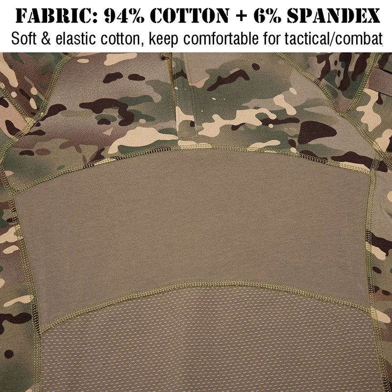 Men's Camouflage Tactical Combat Shirt Stretch Cotton 1/4 Zipper Uniform Shirts Long Sleeve Camo T Shirt