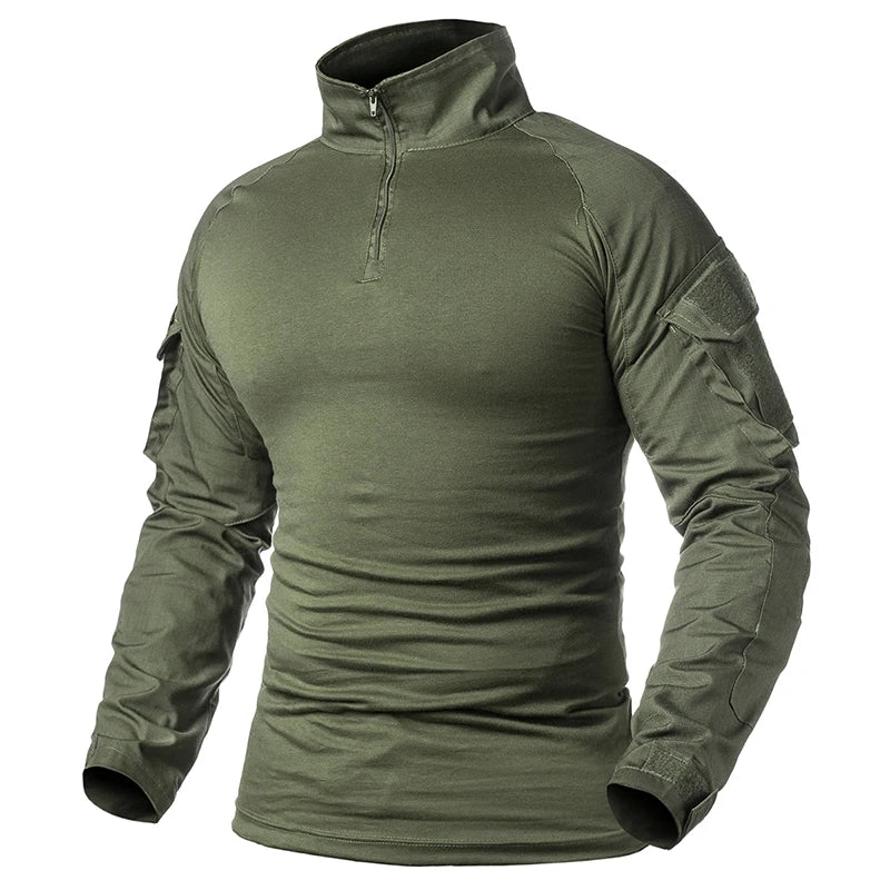 Men's Camouflage Tactical Shirt 1/4 Zip Long Sleeve Combat T Shirt Cotton Camo Uniform Airsoft Shirts