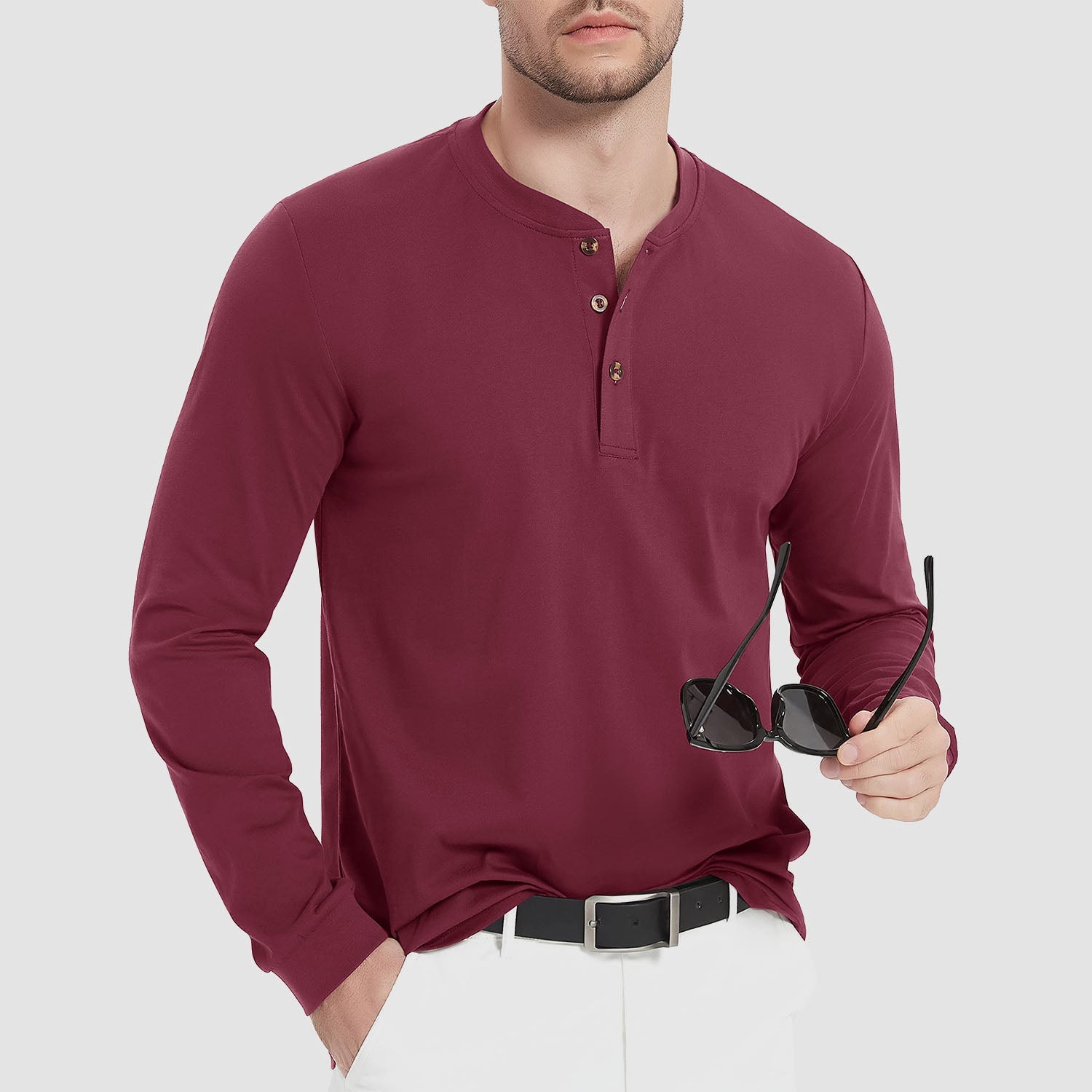 Men's Cotton Long Sleeve Henley Shirt, Casual Work Tee