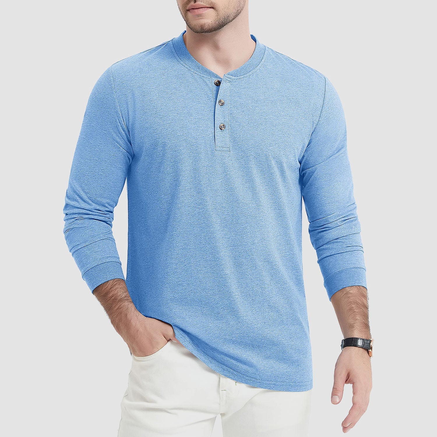Men's Cotton Long Sleeve Henley Shirt, Casual Work Tee
