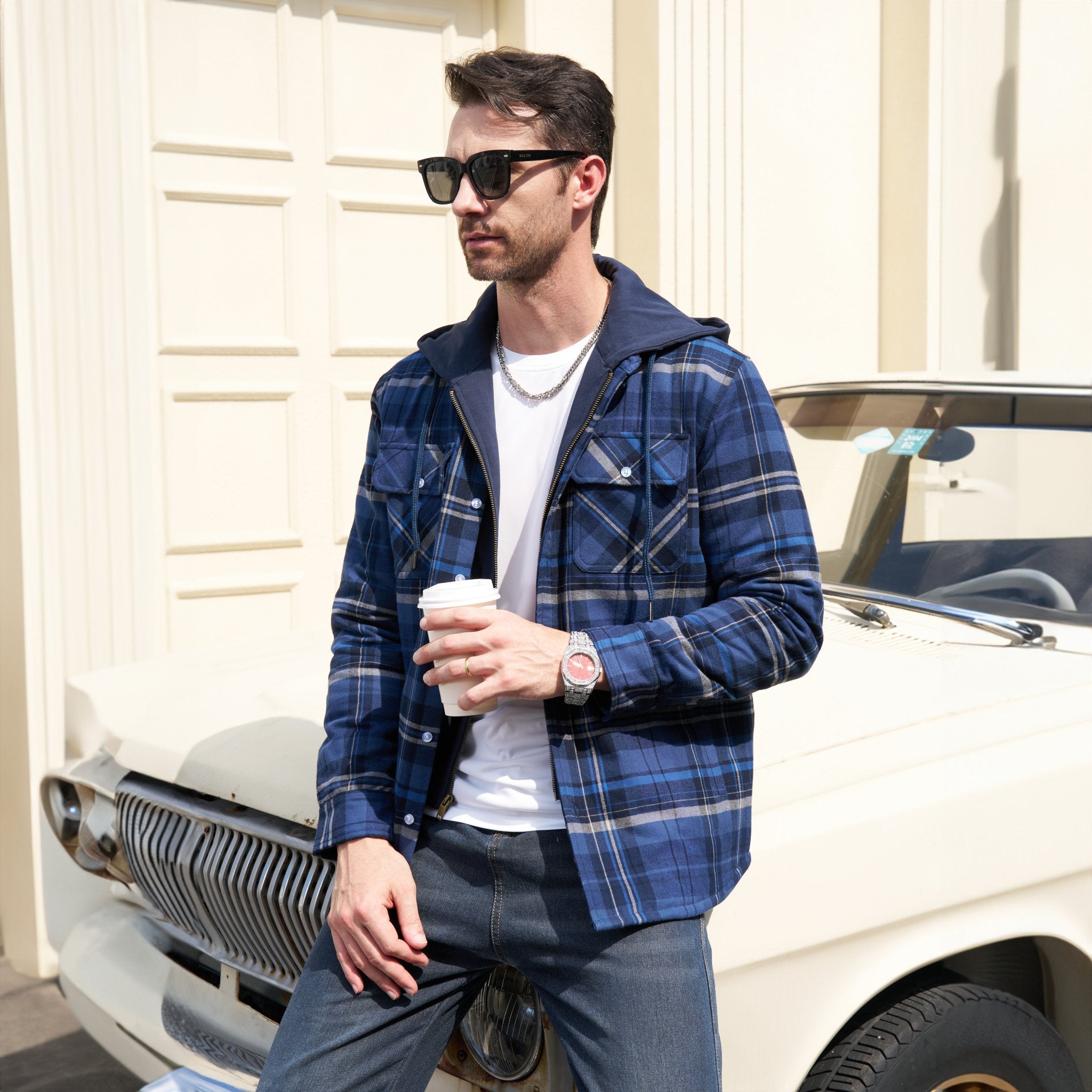 Men's Flannel Jacket with Removable Hood & 5 Pockets