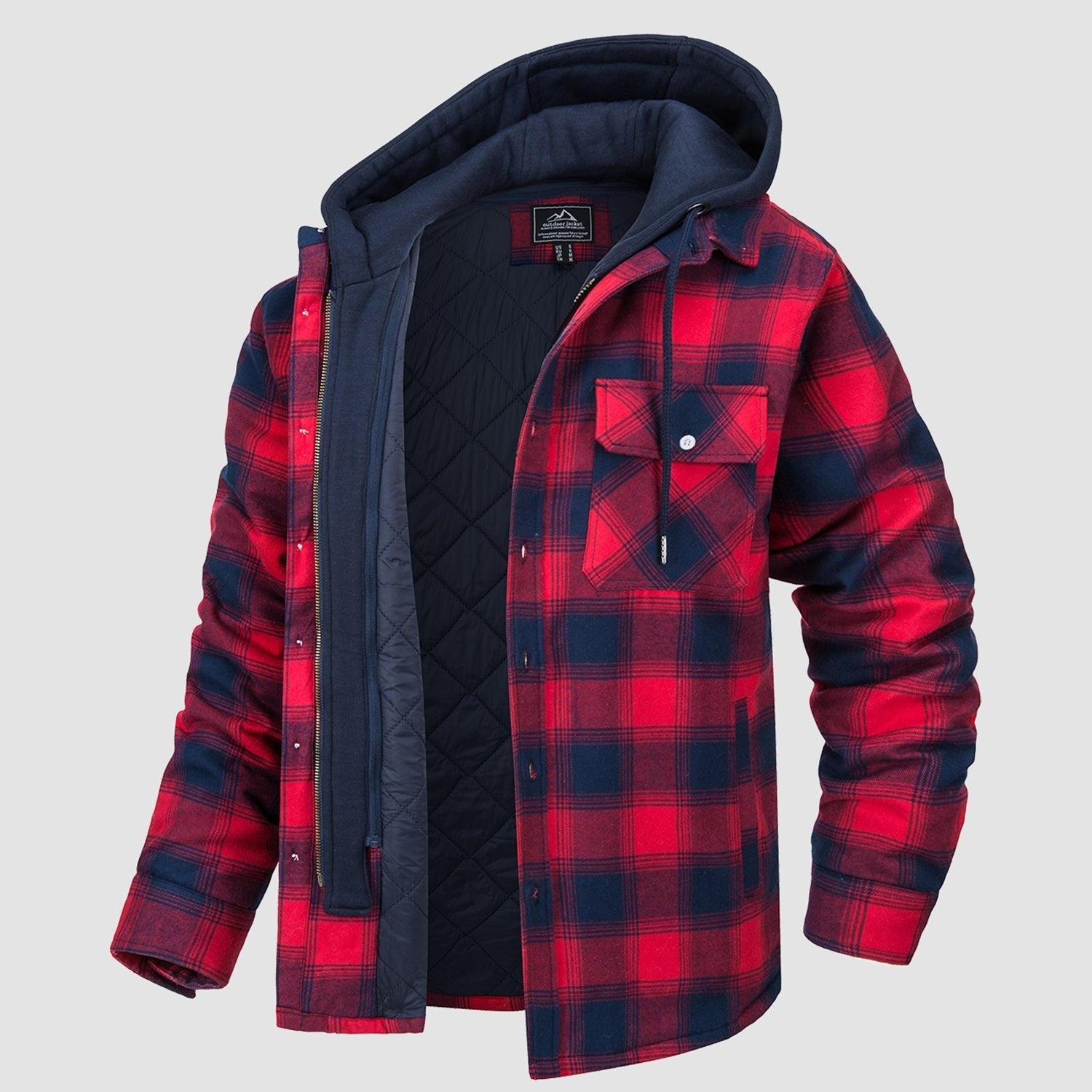 Men's Flannel Jacket with Removable Hood & 5 Pockets