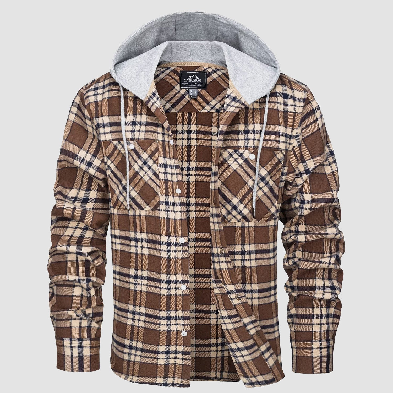 Men's Flannel Shirt Jacket with Hood - Long Sleeve Cotton Plaid Style