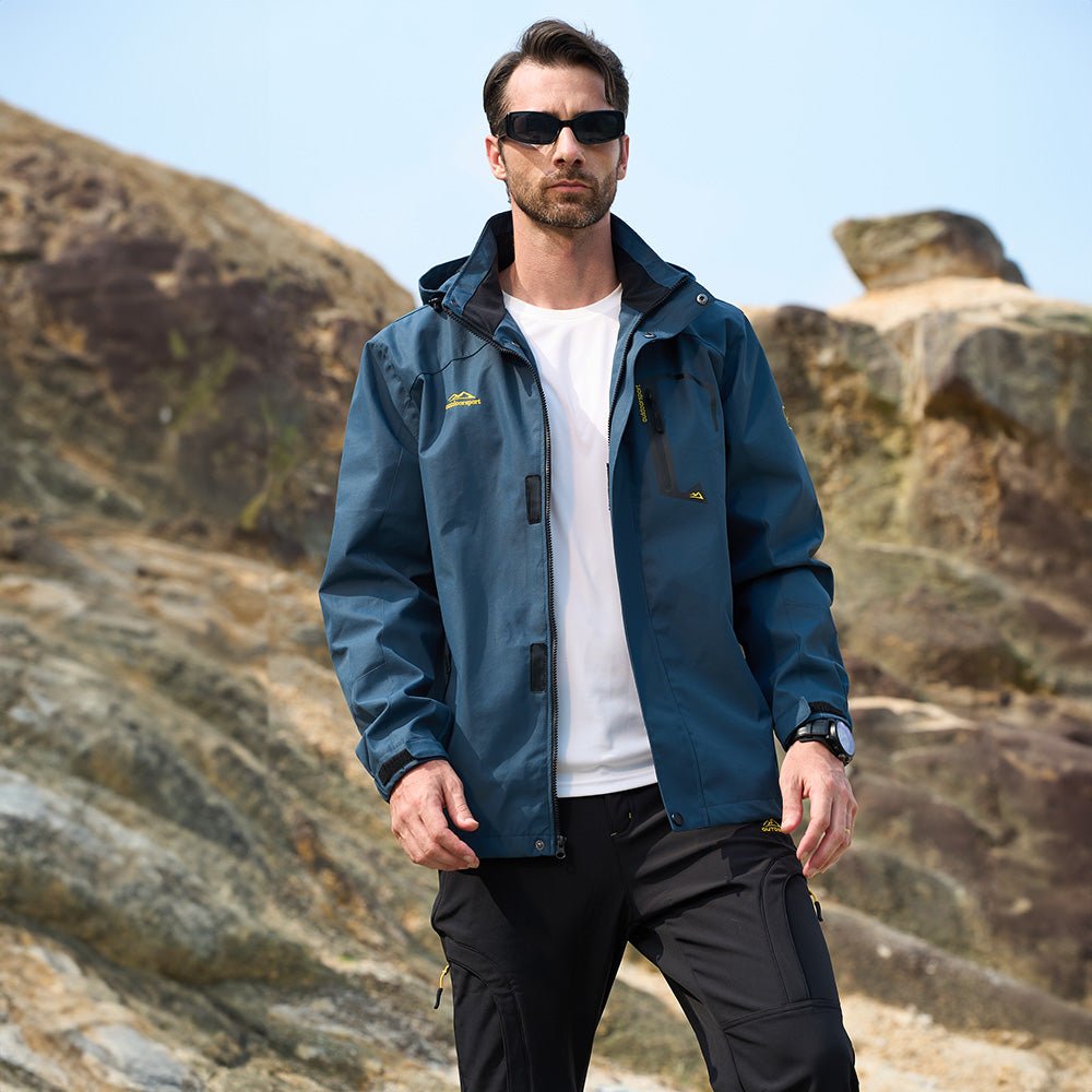 Men's Lightweight Rain Jacket with Detachable Hood for Hiking