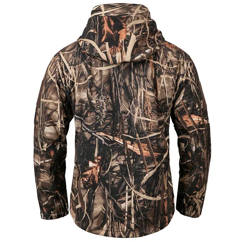 Men's Silent Camouflage Hunting Jacket Soft Shell Outdoor Hiking Fishing Hooded Coat Waterproof Fleece Tactical Jackets