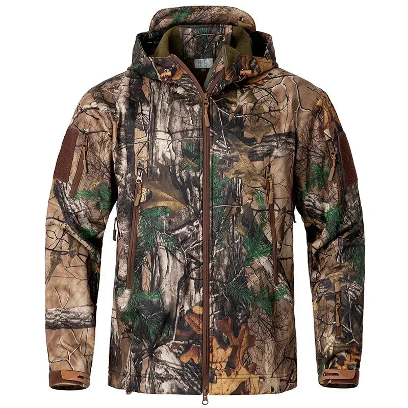 Men's Silent Camouflage Hunting Jacket Soft Shell Outdoor Hiking Fishing Hooded Coat Waterproof Fleece Tactical Jackets