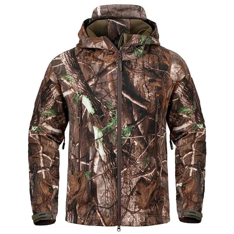 Men's Silent Camouflage Hunting Jacket Soft Shell Outdoor Hiking Fishing Hooded Coat Waterproof Fleece Tactical Jackets