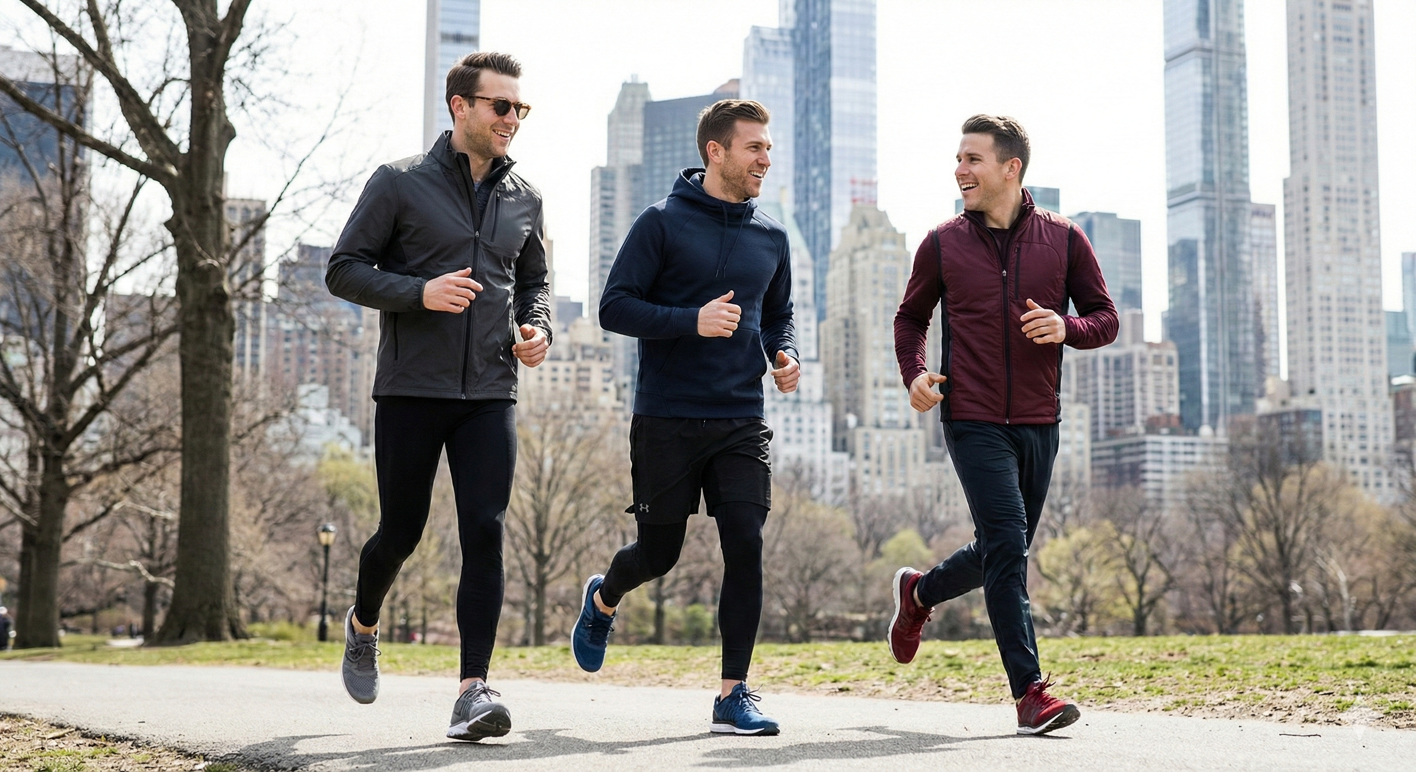 Three men running in a park with city skyline in the background