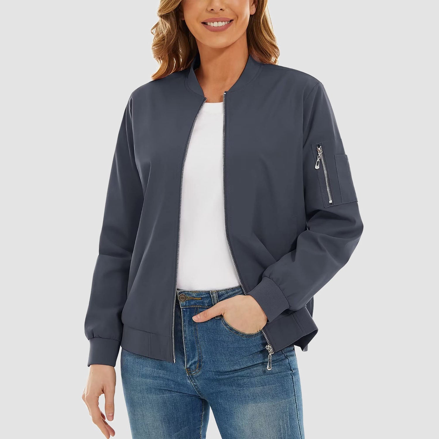 Women's Bomber Jacket with 3 Pockets Spring Windbreaker