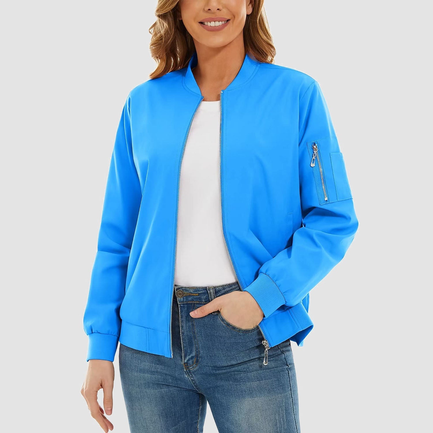 Women's Bomber Jacket with 3 Pockets Spring Windbreaker