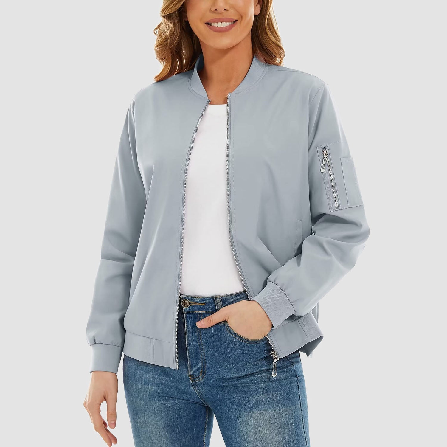 Women's Bomber Jacket with 3 Pockets Spring Windbreaker