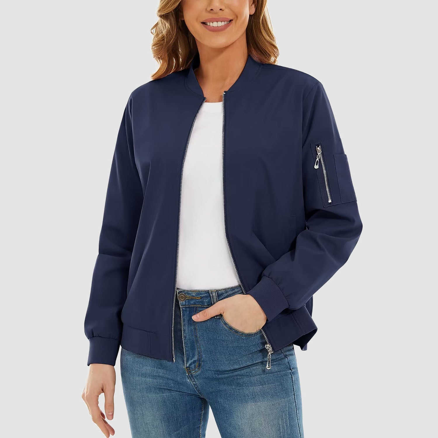 Women's Bomber Jacket with 3 Pockets Spring Windbreaker