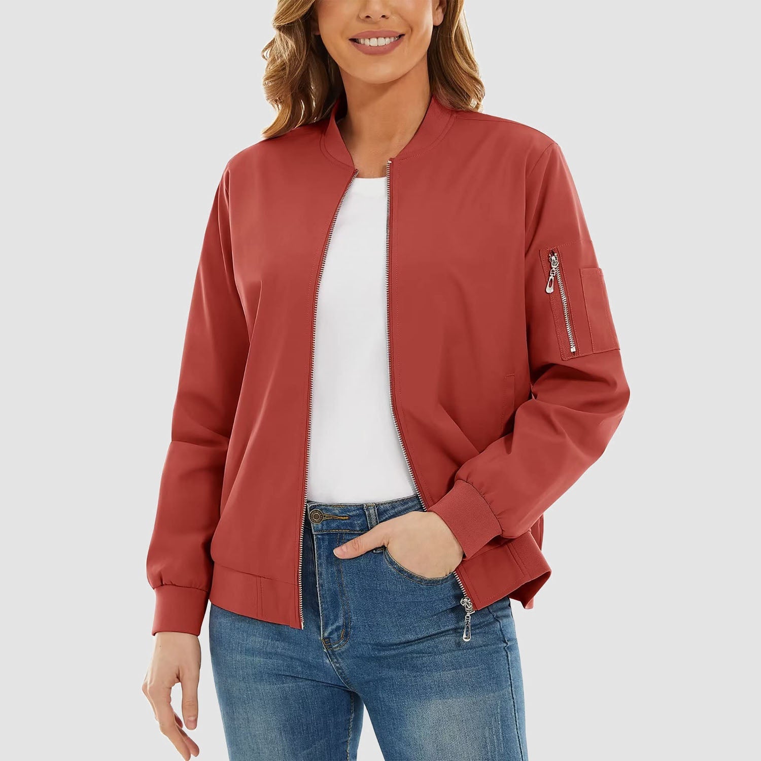 Women's Bomber Jacket with 3 Pockets Spring Windbreaker