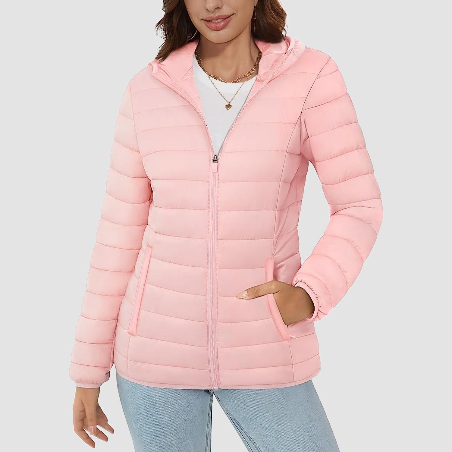 Women's Hooded Lightweight Puffer Jacket Full Zip Winter Coat
