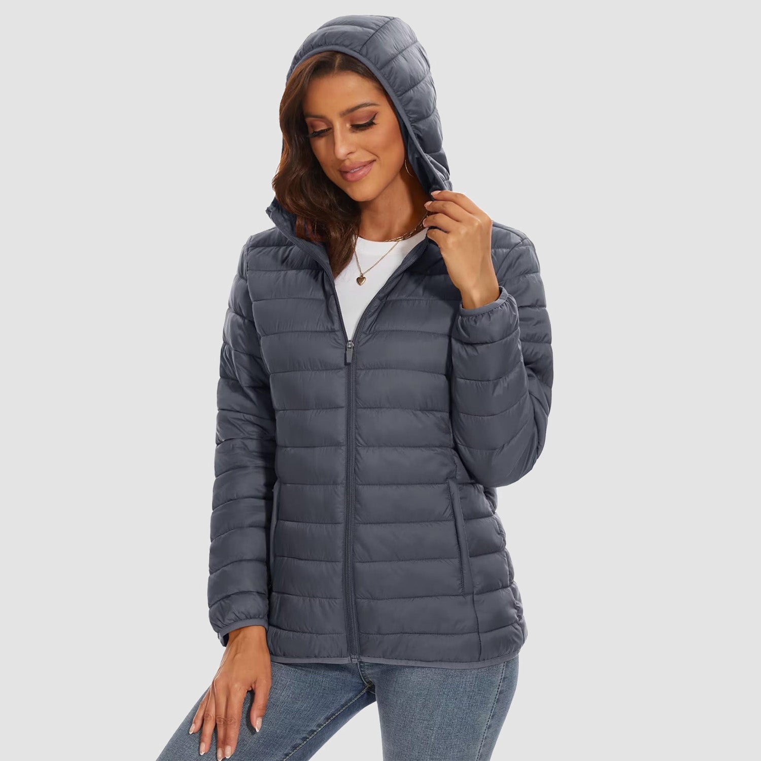 Women's Hooded Lightweight Puffer Jacket Full Zip Winter Coat