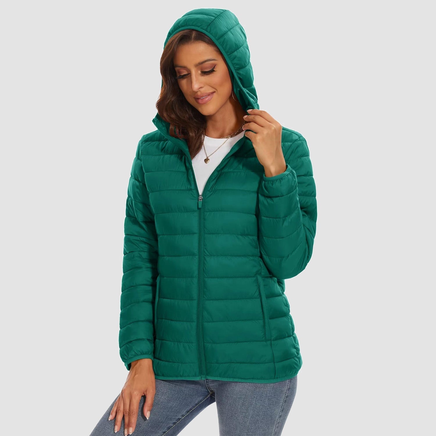 Women's Hooded Lightweight Puffer Jacket Full Zip Winter Coat