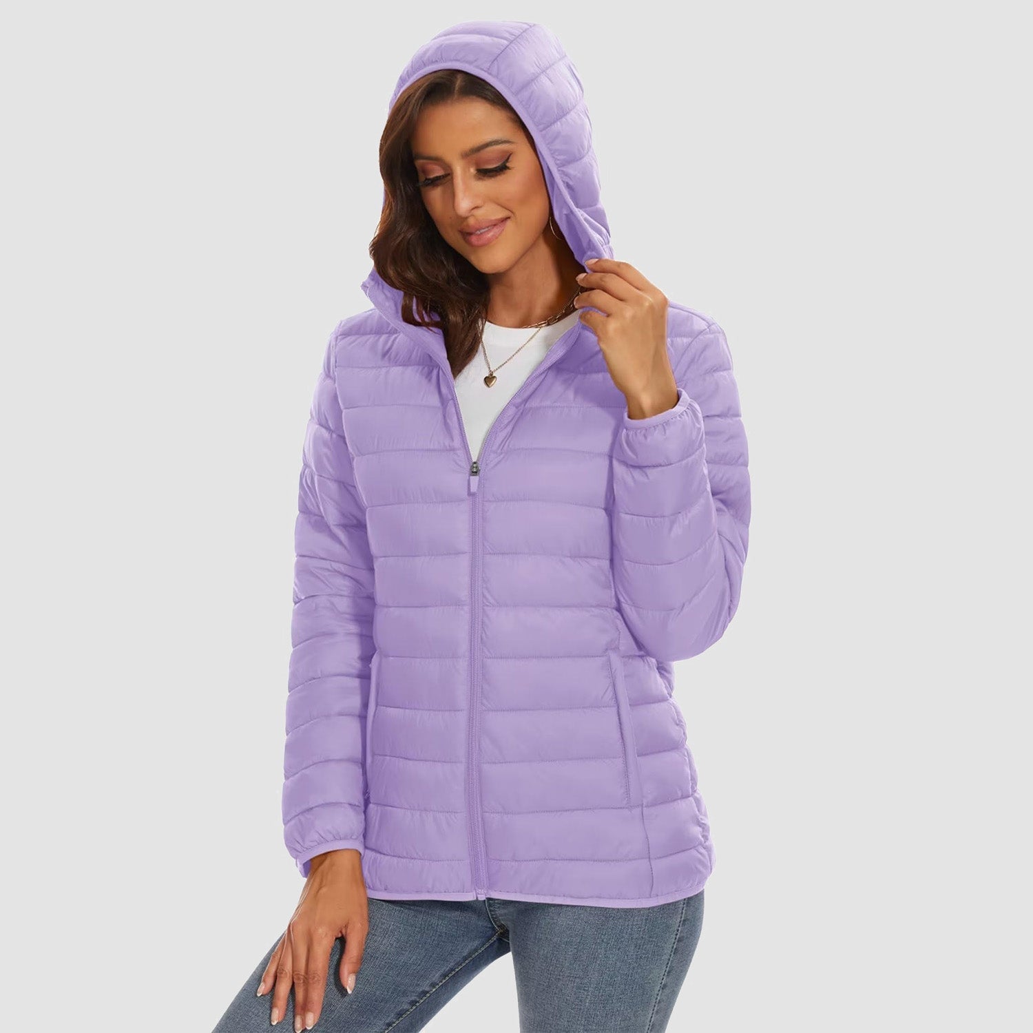Women's Hooded Lightweight Puffer Jacket Full Zip Winter Coat
