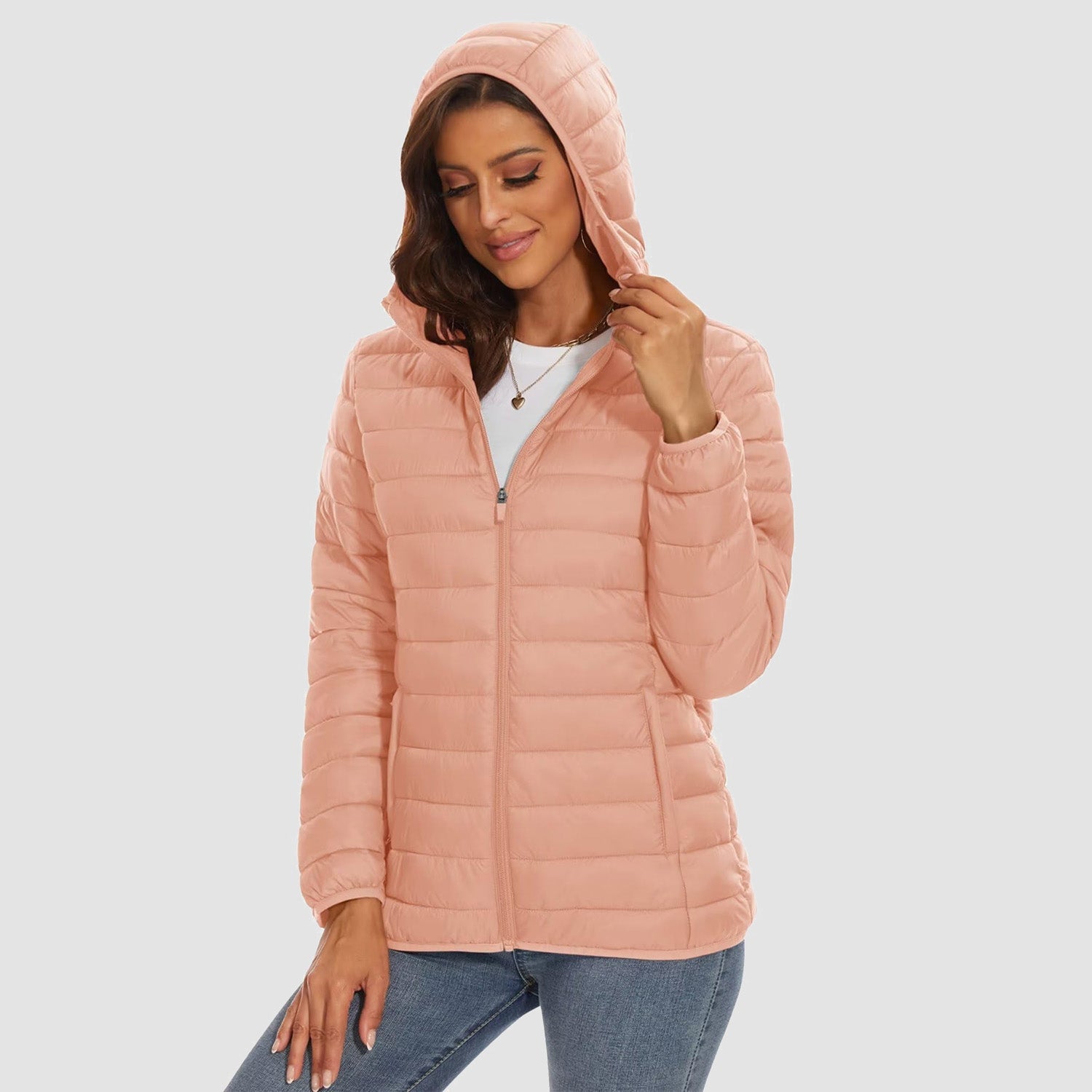 Women's Hooded Lightweight Puffer Jacket Full Zip Winter Coat