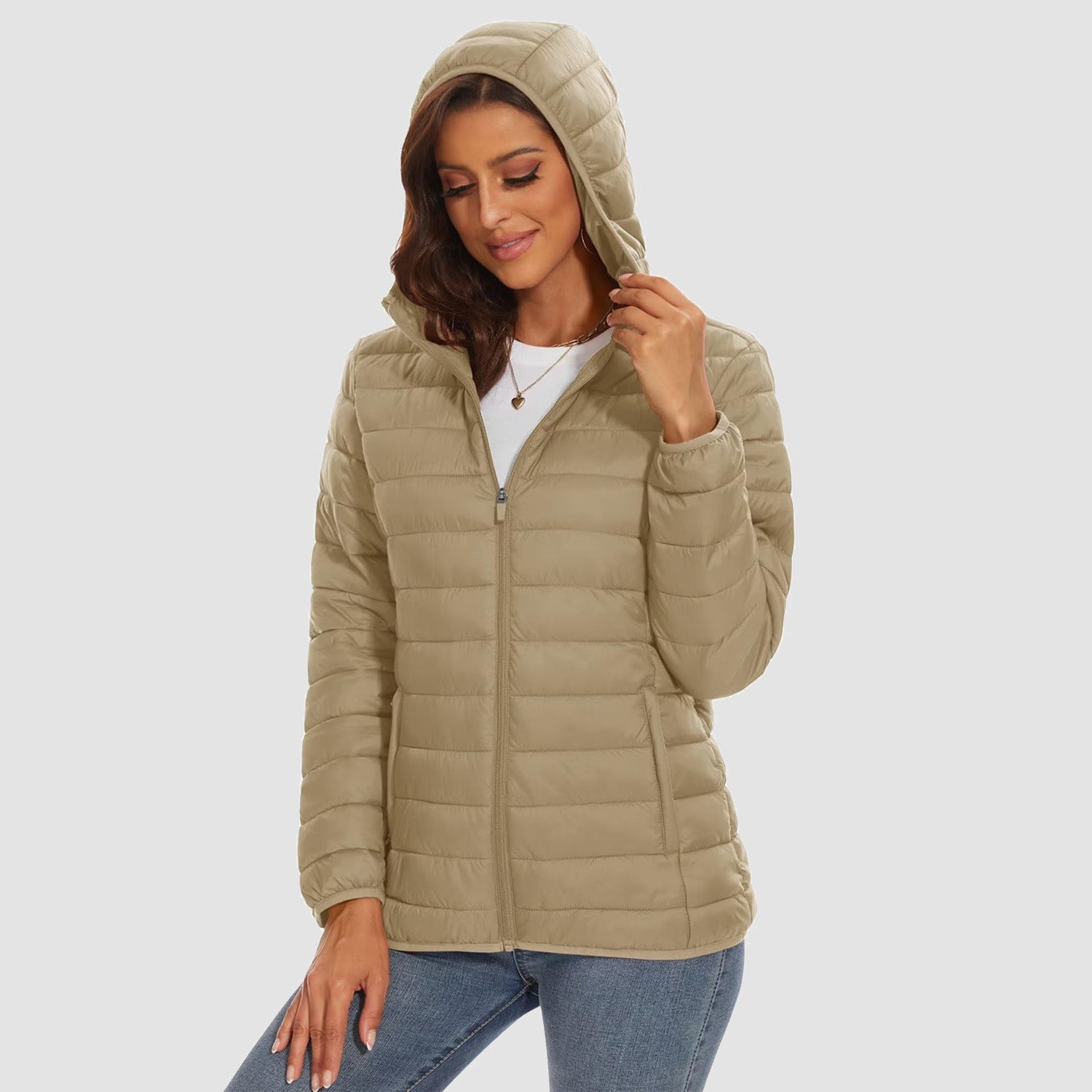 Women's Hooded Lightweight Puffer Jacket Full Zip Winter Coat