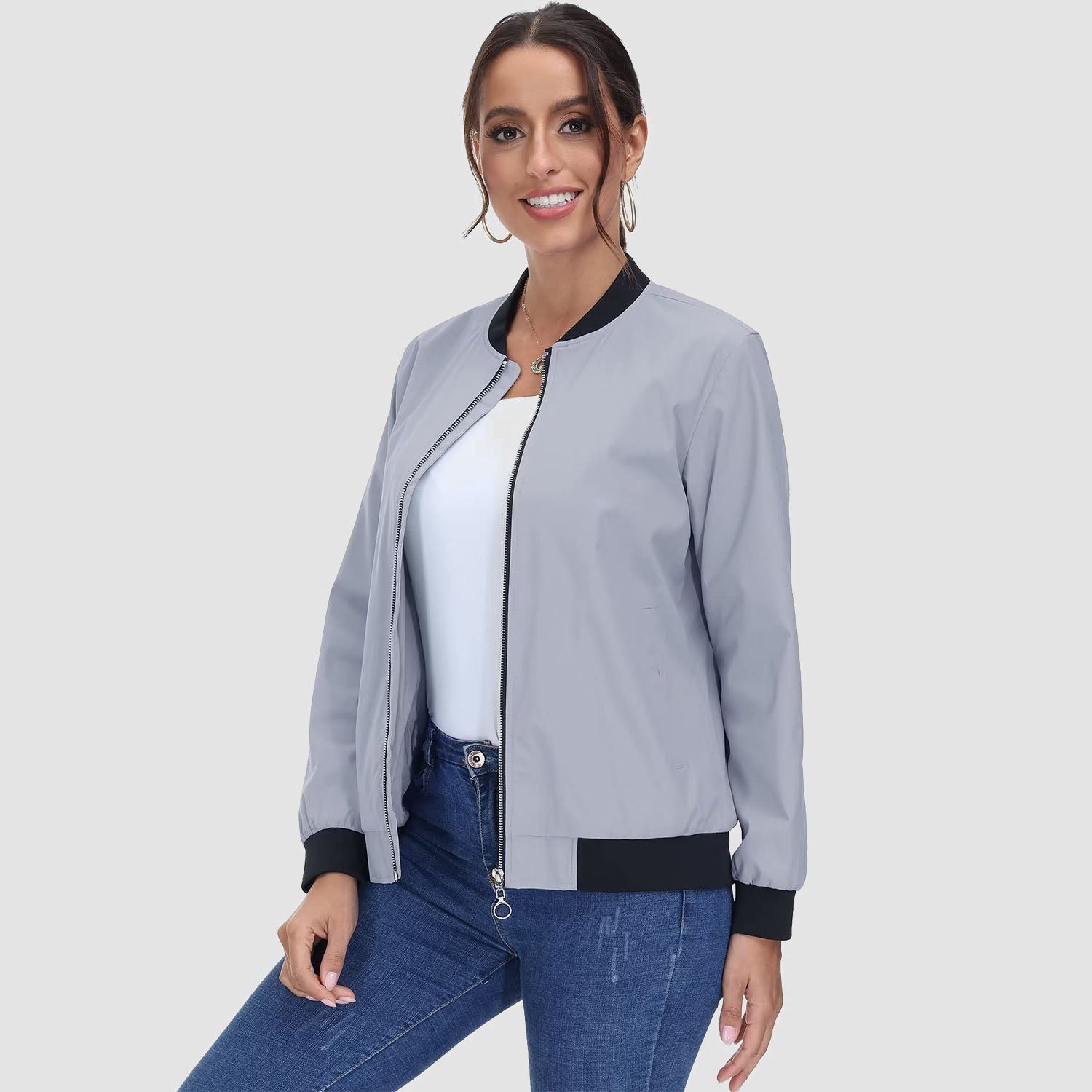 Women's Lightweight Bomber Jacket - Zip Front & Casual