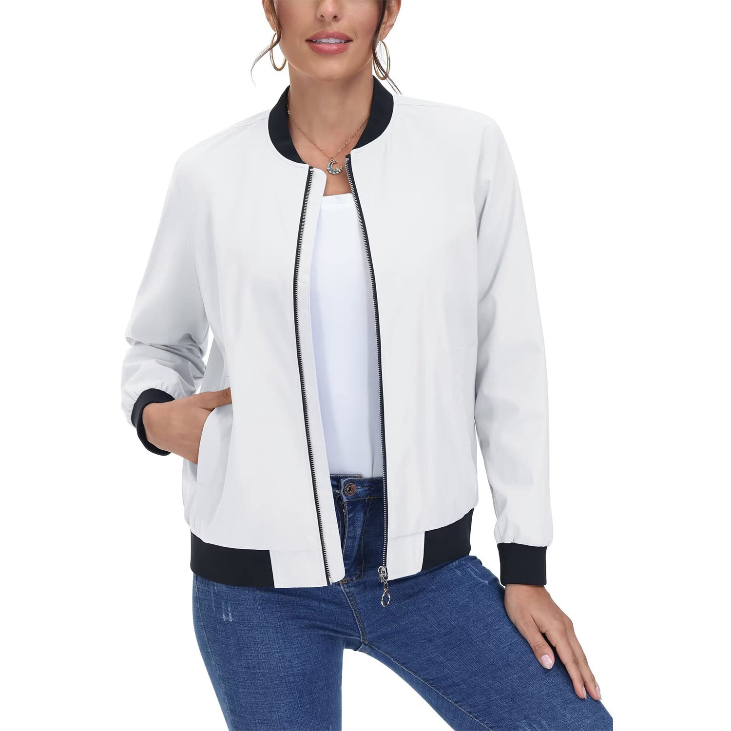 Women's Lightweight Bomber Jacket - Zip Front & Casual
