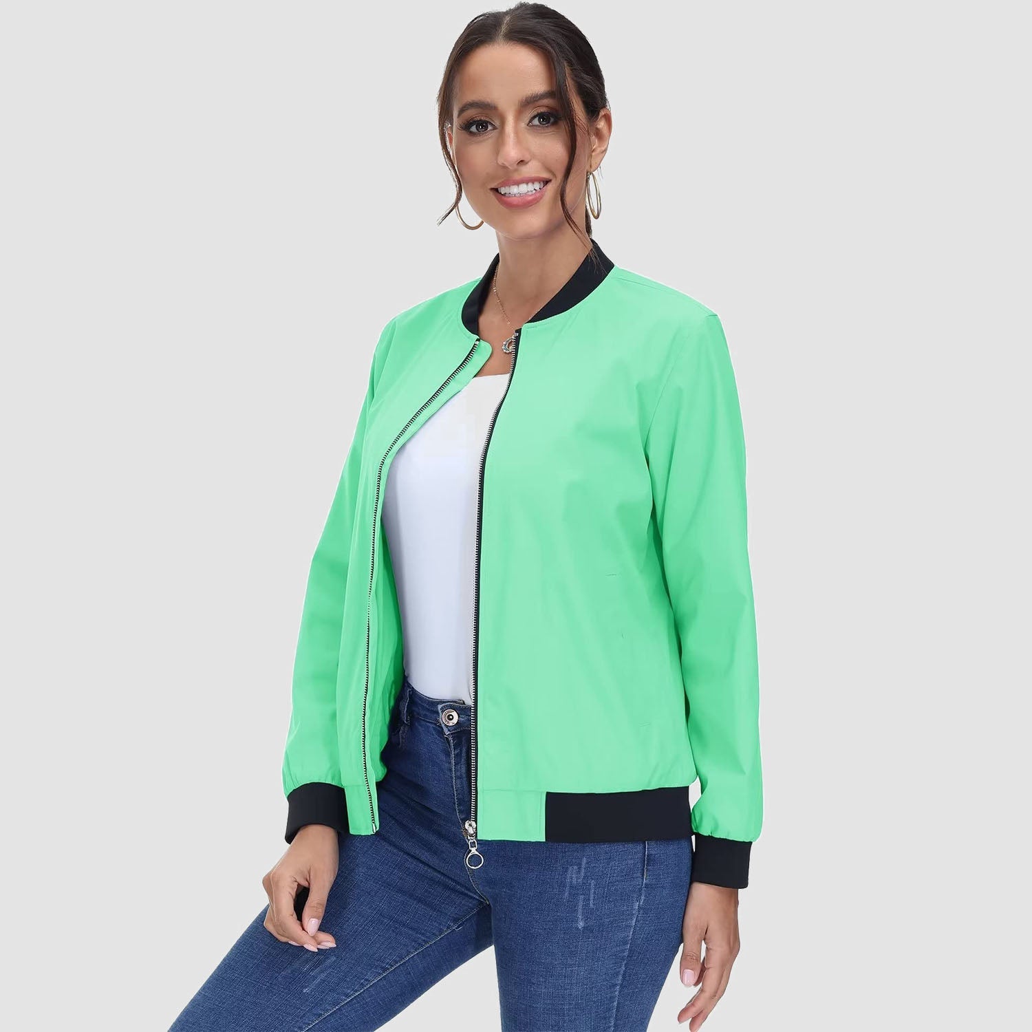 Women's Lightweight Bomber Jacket - Zip Front & Casual