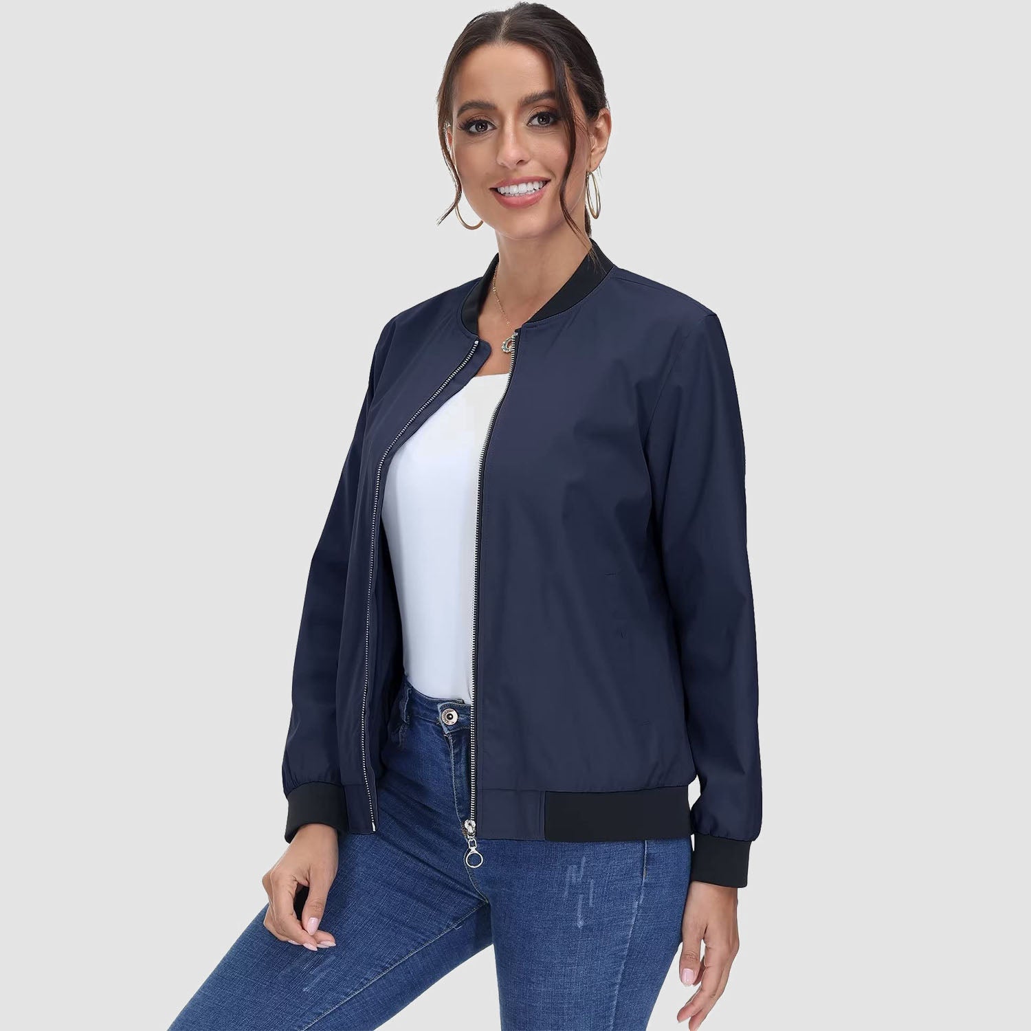 Women's Lightweight Bomber Jacket - Zip Front & Casual