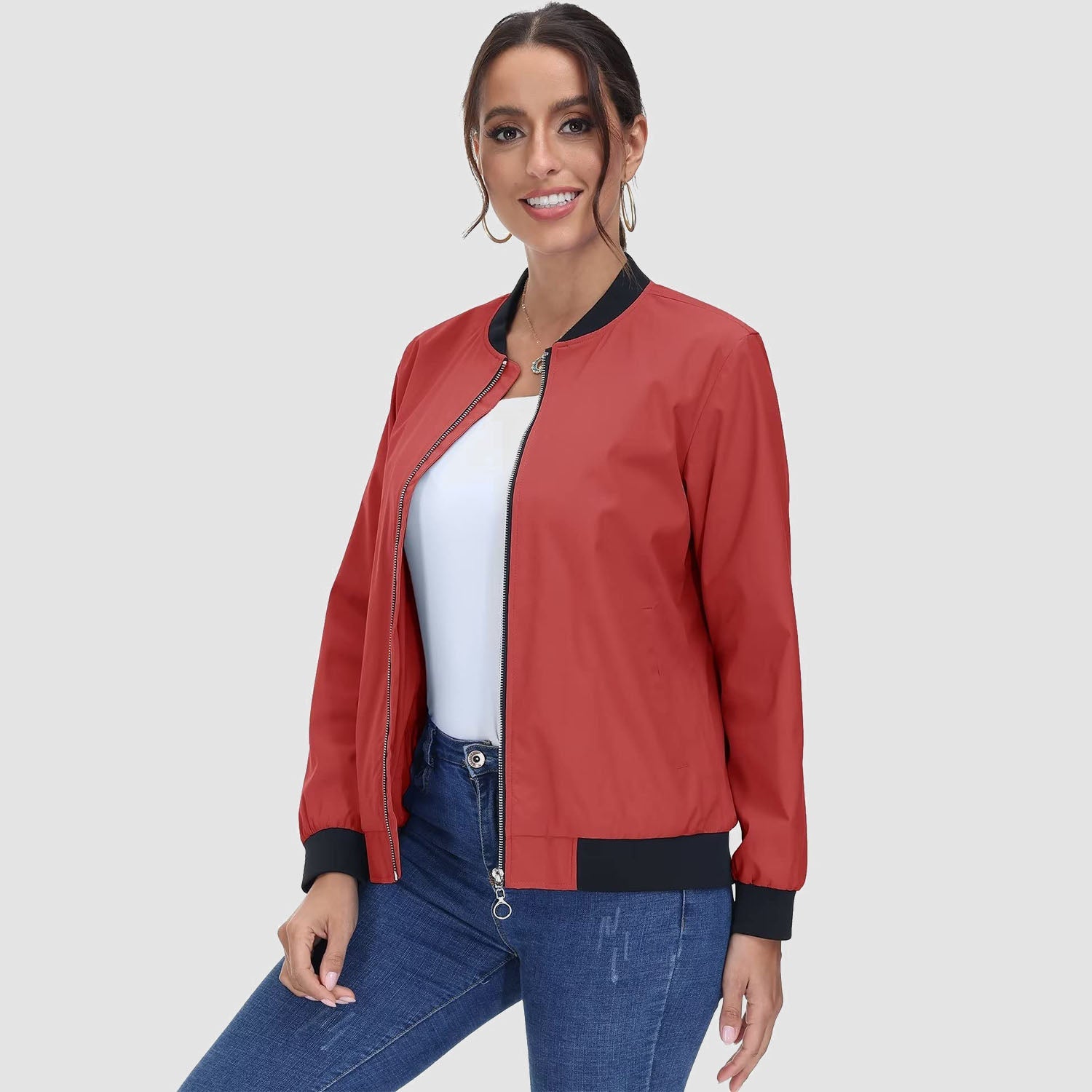 Women's Lightweight Bomber Jacket - Zip Front & Casual