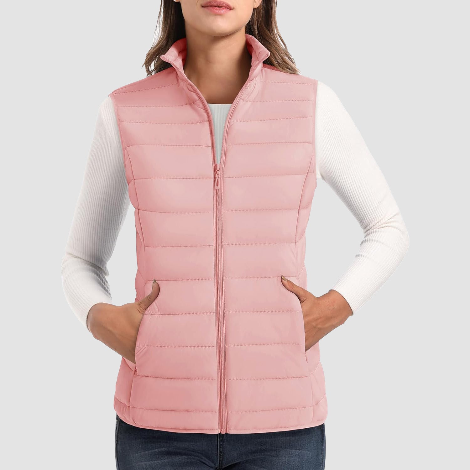 Women's Lightweight Puffer Vest with 4 Pockets & Stand Collar