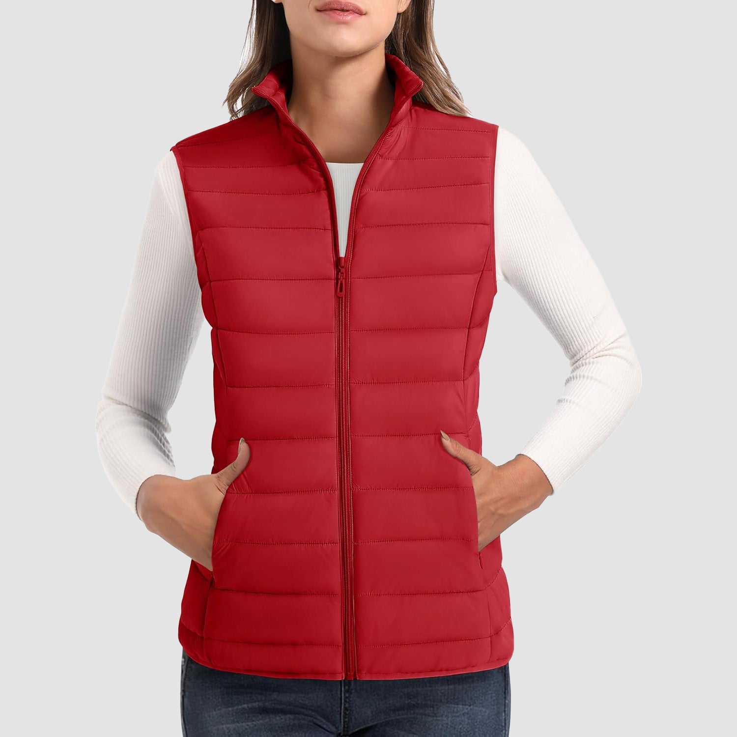 Women's Lightweight Puffer Vest with 4 Pockets & Stand Collar